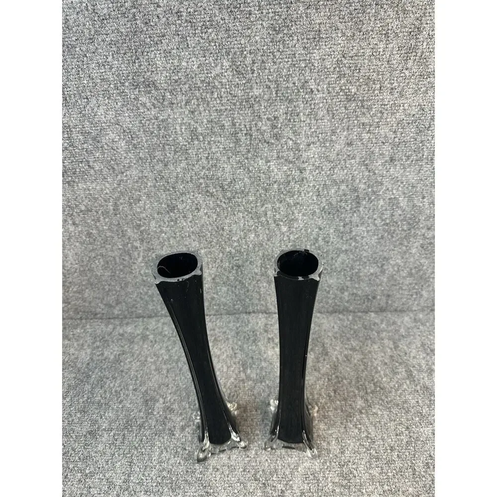 Pair Black Art Glass Bud Vases 12in Tall Slim Elegant Vintage Decor